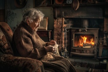 Obraz premium Elderly woman sitting in chair in front of fireplace with knitting