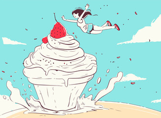 Diving into Dessert Delight, Woman Leaping Towards a Giant Cupcake Topped with Strawberries