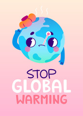 Global warming problem poster with earth planet.Cartoon vector banner about climate changes.