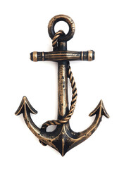 Ship anchor isolated on white background. Bronze keychain in the shape of an anchor