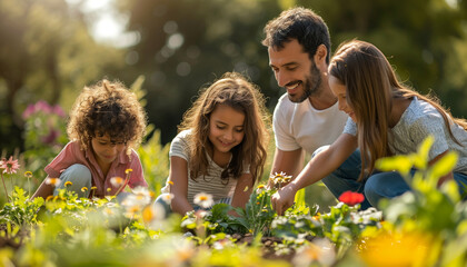 featuring a family gardening together, planting flowers and vegetables, fostering a love for nature and collaboration, Families, relax, blurred background, with copy space