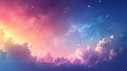 Naklejka premium Rainbow unicorn pastel background with glitter stars. Pink fantasy sky. Holographic space with bokeh. Fairy iridescent gradient backdrop. Vector 