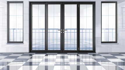 Realistic 3D modern mockup of glass window door with balcony railings and closed doors. Empty room with tiled floor, hotel apartment, mall, office interior design.