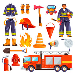 Cartoon firefighter equipment. Fire fighting tools, fireman protection uniform firefighting firemen rescue gear red helmet flasher hose extinguisher icon recent vector illustration