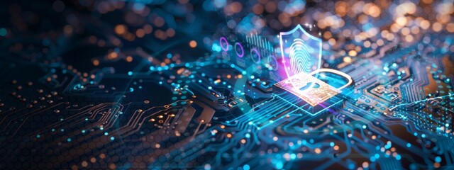 Panoramic connecting verified credentials and secure connection or cybersecurity service concept of compute motherboard close up and lock with login and as wide banner design with copyspace area