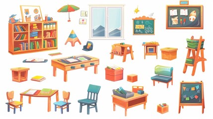 Modern cartoon set of furniture in classroom, kids paintings and toy blocks isolated on white background. It shows books on shelves, chalkboards, desks with chairs.