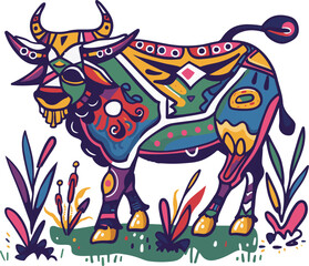 Colorful Tribal Cow Illustration, Vibrant Artwork of a Cow Decorated with Traditional Patterns