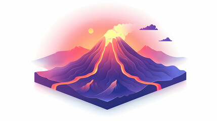 Isometric Erupting Volcano at Dusk: Dramatic Glow Over Rugged Landscape   Simple Flat Design Concept