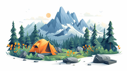 Evening Serenity in Alpine Meadows: Isometric Scene of Peaceful Twilight in the Mountains