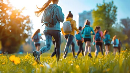Tactical Fitness Training: Women Lead Ruck Marching Activity in Park.