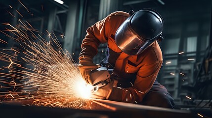 Industrial worker in protective gear using angle grinder