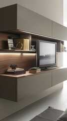 a minimalist living room, where a sleek, freestanding bookshelf stands as a backdrop for a wall-mounted TV, defining a harmonious and stylish entertainment space.