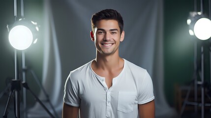 This is a photo of a young male model He is smiling and looking