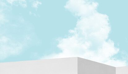 Sky Blue,Cloud with Minimal Architecture White Cement Wall Corner Design Background.Exterior building structure grey wall against clear  sky,cloud,Concrete texture in perspective geometric