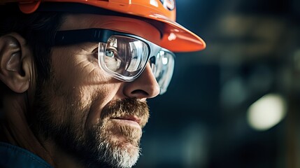 Closeup portrait of a male worker wearing a hard hat and safety