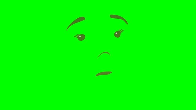 Cartoon eyes, brows,nose and talking mouth or girl or woman face on green screen for insert, chroma key green screen motion graphics stock video 3D animation. Ultra high resolution.