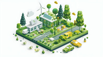Creative illustration of Green Marketing Strategies concept with flat design icons, promoting eco friendly products and practices. Isometric scene for marketing teams developing su