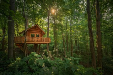 A wooden tree house surrounded by lush greenery in the middle of a dense forest
