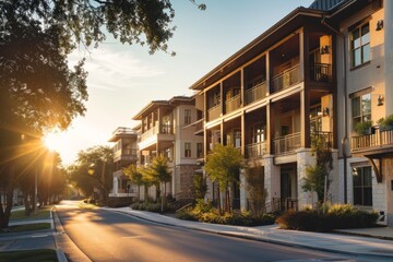 A street filled with three-story apartment buildings illuminated by the warm glow of the setting sun - Powered by Adobe