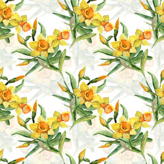 Watercolor illustration of a bouquet of irises. Seamless pattern.