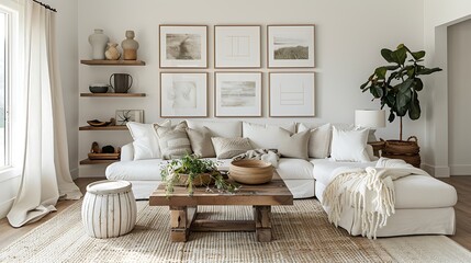 A beautiful living room with a white sofa wood coffee table and shelf wall art with four frames on the walls 