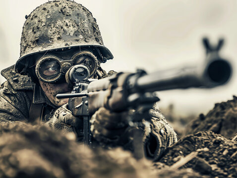 Closeup of a WW1 machine gunner, face gritty and focused, firing from a sandbagged position in a devastated landscape