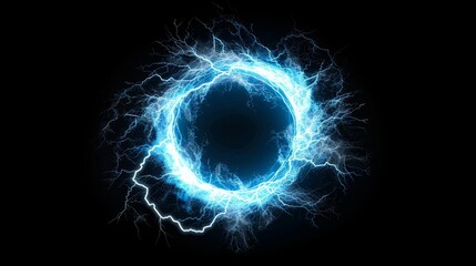 An electric circle and lightning strike, impact place, plasma ring or magical energy flash isolated on black background. Powerful electrical discharge. Modern illustration.