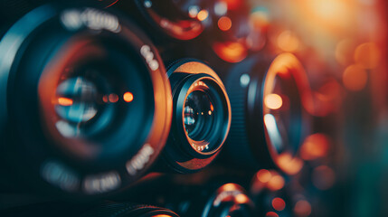 A series of camera lenses showcased with a colorful bokeh background, highlighting their intricate designs and reflective surfaces ideal for diverse photographic needs - Powered by Adobe