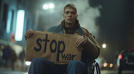 A combat veteran, confined to a wheelchair, brandishes a sign stating "Stop War" as he advocates against conflict.
