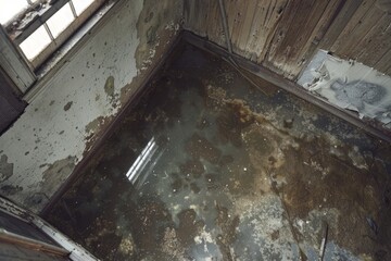 A water-damaged room in an abandoned house, with a dirty floor and a window letting in light