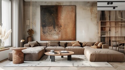 A beautiful living room with modern interior design wooden furniture and large abstract painting on the wall light brown sofa round coffee table 