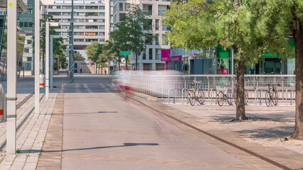 Donaustadt Danube City timelapse is a modern quarter with skyscrapers and business centres in Vienna, Austria.