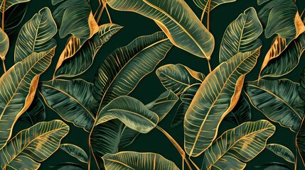 A seamless pattern of golden banana leaves on dark green background, line art with boho style, vector illustration for wall paper print, digital artwork, vector design, hand drawn, hand drawing