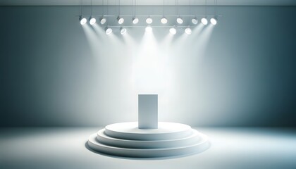 A minimalist stage setting with a spotlight illuminating a podium in a vast dark space, creating a dramatic and focused ambiance for presentations.