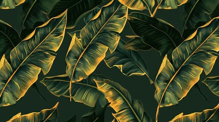 A seamless pattern of golden banana leaves on dark green background, line art with boho style, vector illustration for wall paper print, digital artwork, vector design, hand drawn, hand drawing