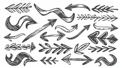 A set of hand drawn arrows, doodle style vector design on white background.