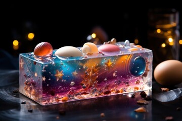 Handmade soap with Easter eggs on a black background. Selective focus.