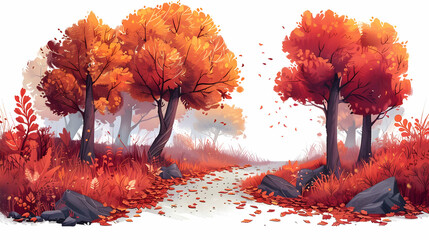 A Misty Autumn Forest Path: A Vibrant Journey Through Red and Orange   Flat Design Isometric Scene