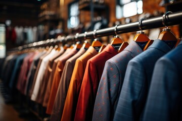 Fototapeta premium Clothes on hangers in a fashion store. Shallow depth of field