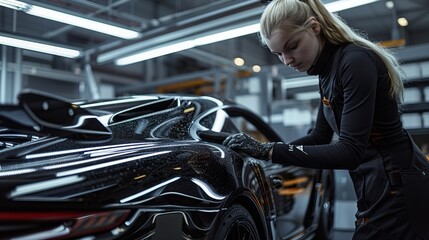 A woman car wrapping specialist at work, car polishing, detailing, wrapping a sports car 