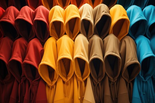 Colorful hoodies for sale in a market stall