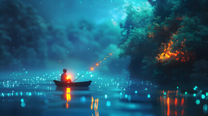 Fascinating Night Fishing in Bioluminescent Waters   Fishermen Embrace the Enchantment of Glowing Waters in Isometric Illustration