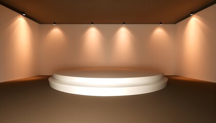 A serene, well-lit stage with multiple spotlight arrays, focusing on a sleek, circular podium bathed in soft white light.