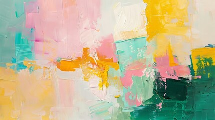 Beautiful abstract painting with vivid colors and simple shades. Pink, mint green, yellow artistic bright colorful maximalist wall art