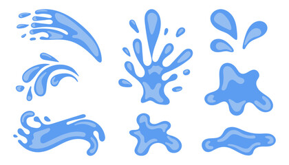 Fototapeta premium Water drops, sea and ocean waves set. Blue Liquid elements, cry droplet icons collection of splashes and fluid. Vector illustration isolated on white background