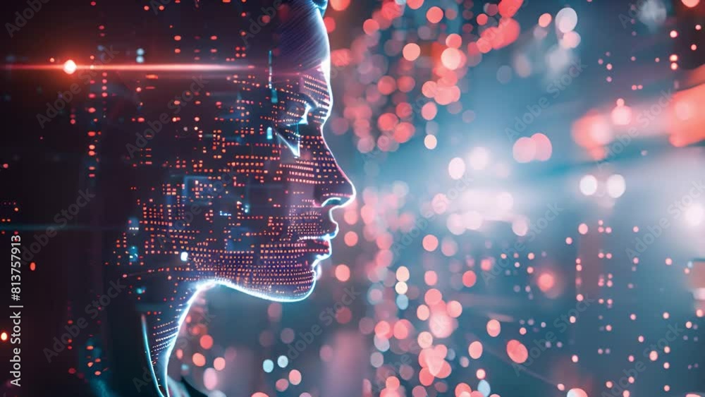 Poster A side profile of a digital human face overlaid with a dynamic flow of glowing data points and streams.
