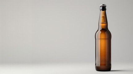 A single beer bottle with a sleek and modern design is showcased against a minimalist white background, emphasizing its simplicity and elegance. The clean composition and soft lighting highlight 
