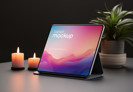 Tablet Mockup on Dark Desk &ndash; Realistic Digital Display with Soft Candlelight and Indoor Plant for App Presentation or UI Showcase