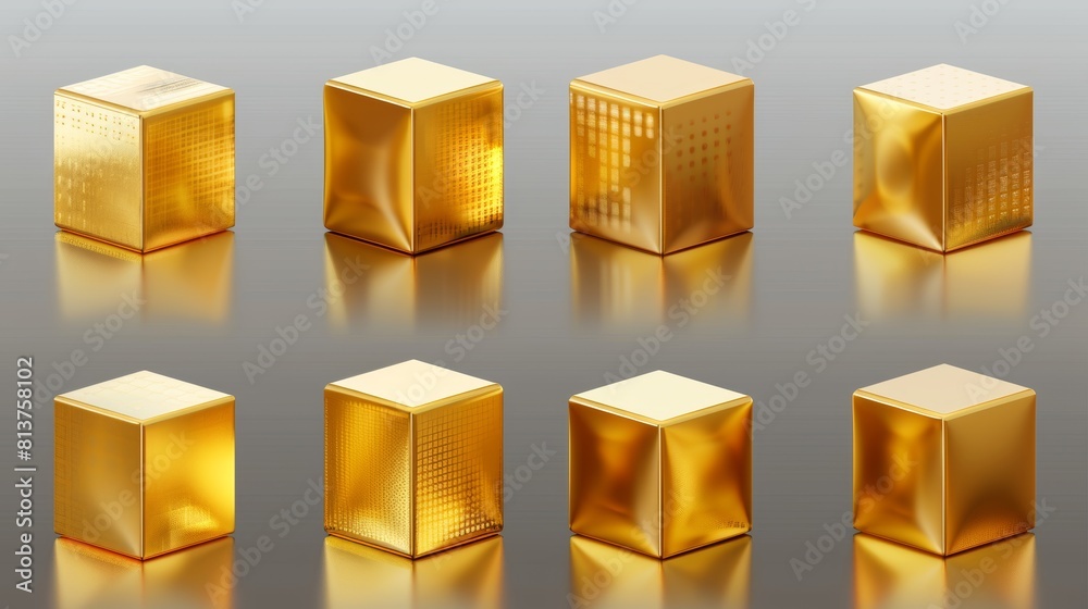 Poster the modern realistic set of yellow metal cubic blocks with reflection is isolated on transparent bac
