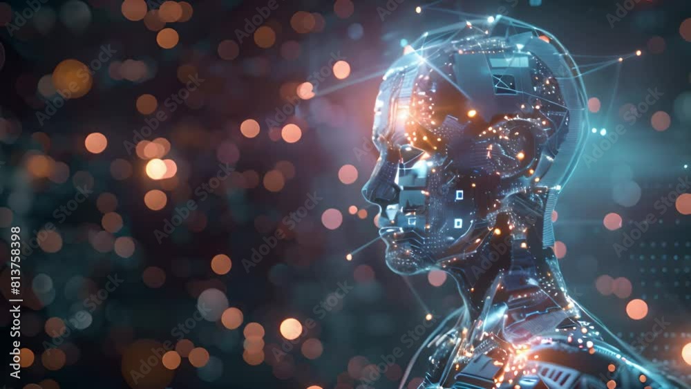 Poster a robot with a humanoid figure stands in the foreground, with a blurred human head in the background